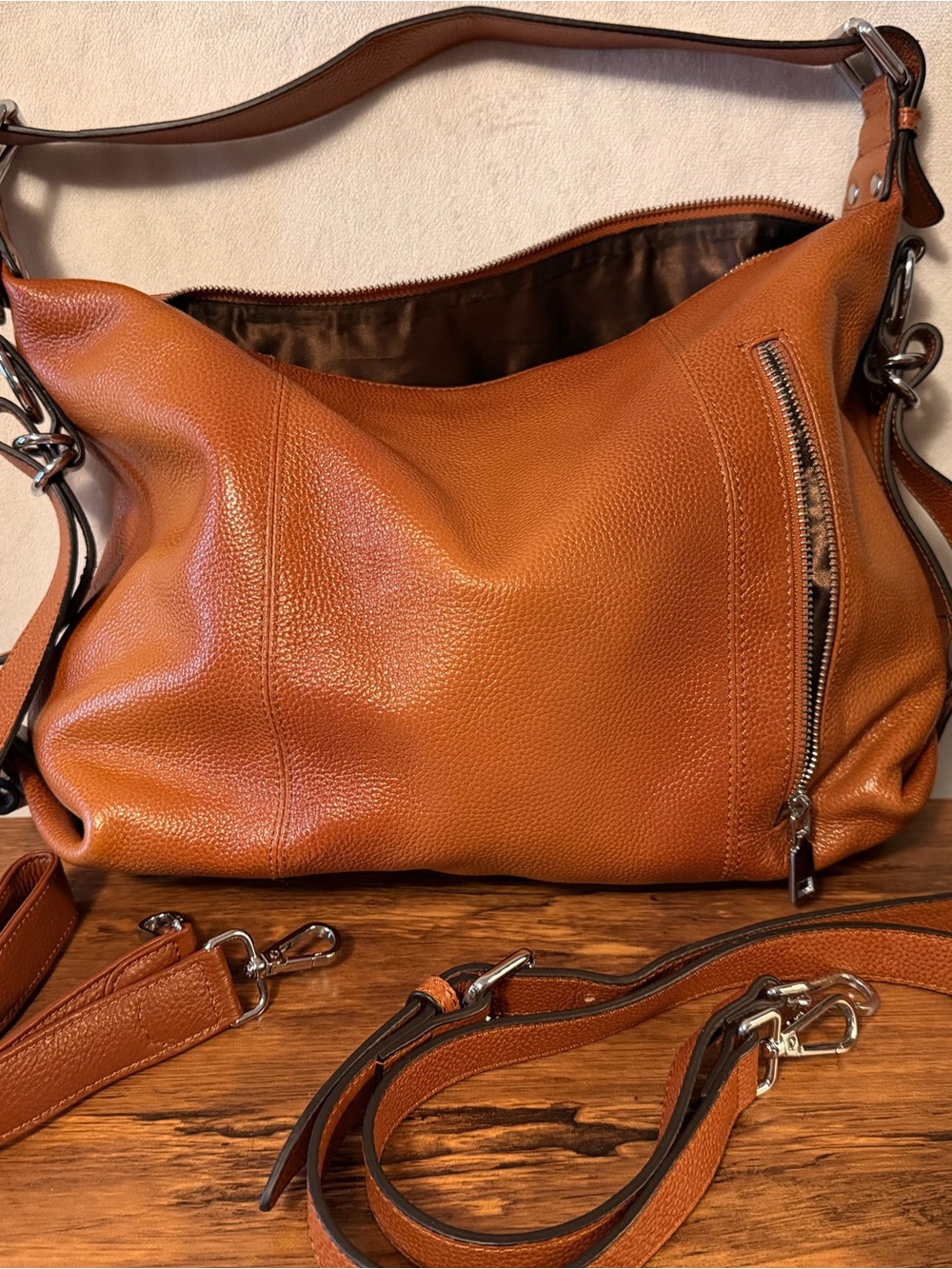 HESHE Genuine Leather Convertible Shoulder & Crossbody Bag Cognac Brown